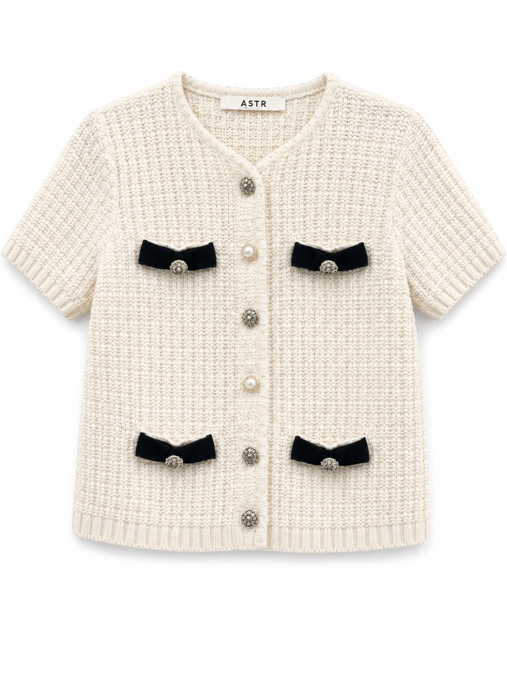 ASTR Cream Knit Short Sleeve Cardigan with Black Bow Details